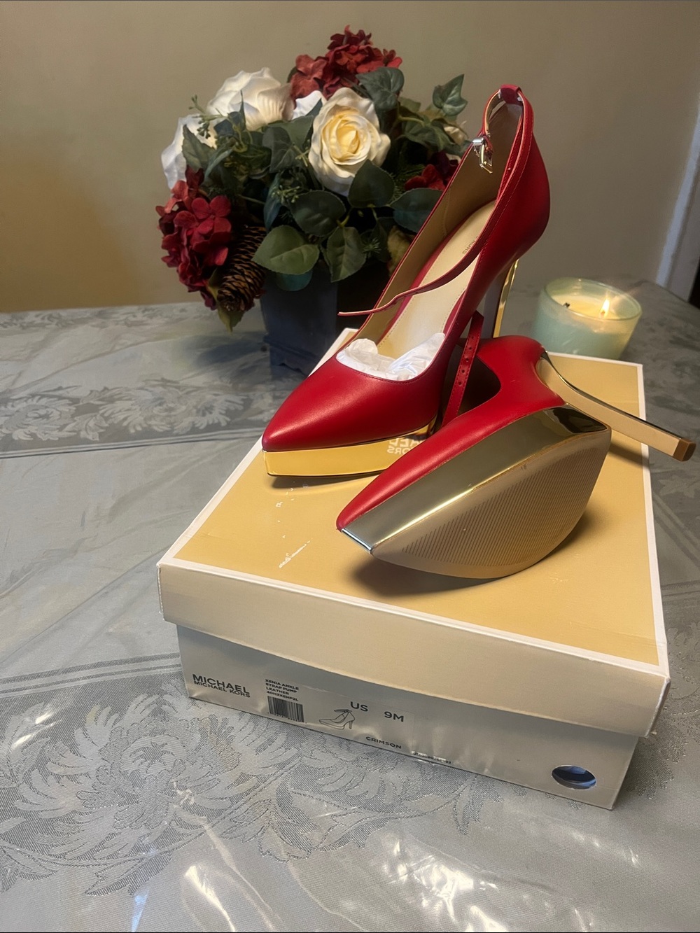 Michael Kors Women's Red Pointed-Toe Mary Jane Heels with Gold Platform(new) - Picture 7 of 8